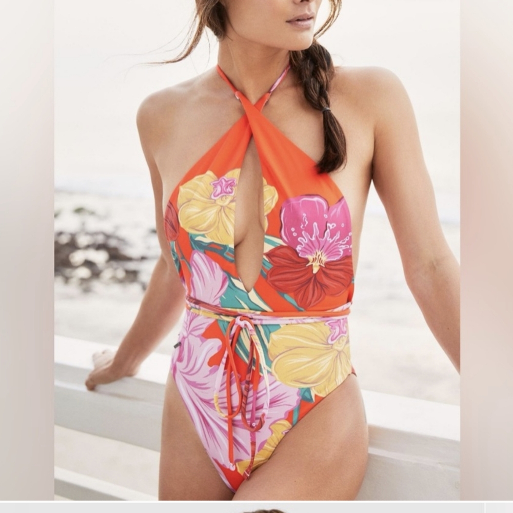 Maaji Orange Floral Halter One-Piece Swimsuit